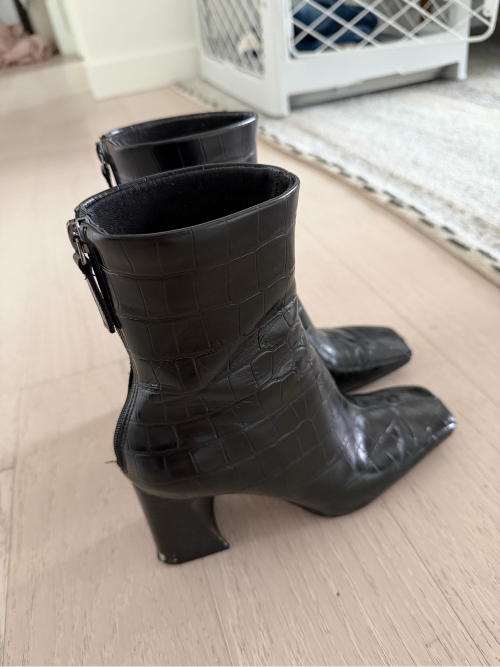 Mango Black Croc-Embossed Square Toe Block Heel Ankle Boots